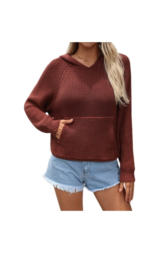 Women Knitting Sweater Hooded Raglan Long Sleeve Star Pattern Pullover Hoodie Front Pocket Loose Fit Sweater Tops