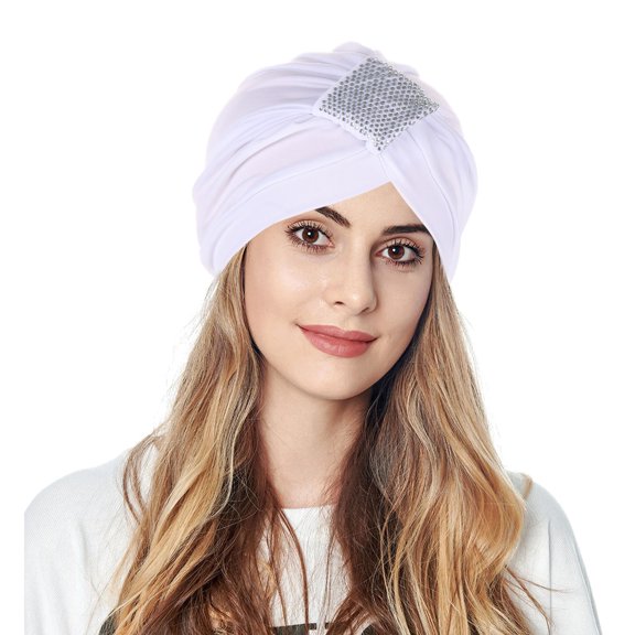 Women Knot Fashion Pleated Turban Cap Headwrap Sleep Hat Baseball Cap, White