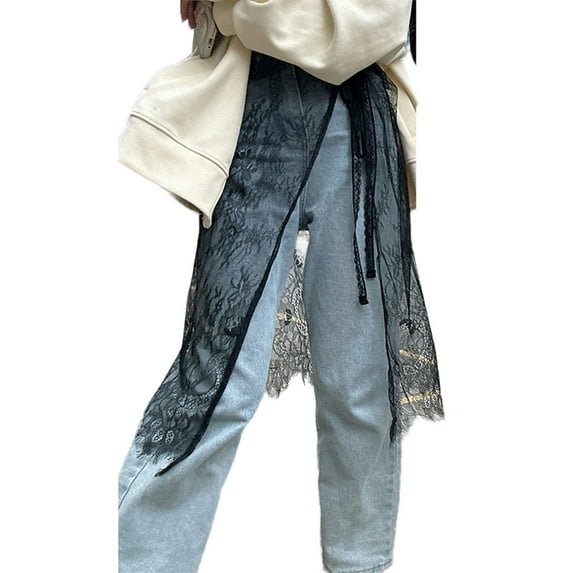Women Korean Eyelash Lace Layering Long Skirt Hip Scarf with Tie Up Vintage Flower Lace Hip Covering Apron Skirts