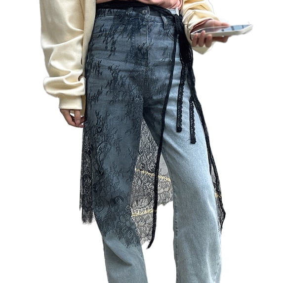 Women Korean Eyelash Lace Layering Long Skirt Hip Scarf with Tie Up Vintage Flower Lace Hip Covering Apron Skirts