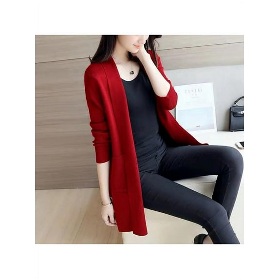 Women Korean Style Loose Casual Solid Color Knit Cardigan Fashion Long-sleeved Coat