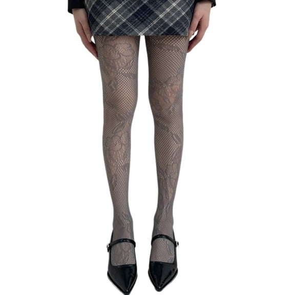 Women Korean Styles Hollowed Out Tights Stockings Aesthetic Elegant Flower Patterned See Through Mesh Pantyhose