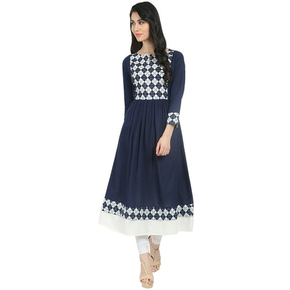 Women Kurta/Kurti Cotton Anarkali Dress Tunic Flared Dress, Color: Blue, Size: 3XL
