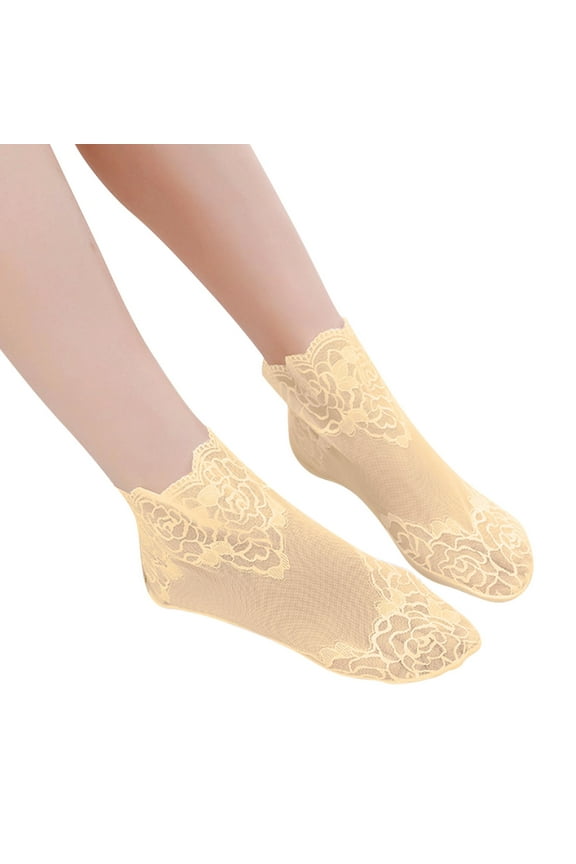 Women Lace Ankle Socks LSQii Ruffle Frilly Dress Net Short Stockings Casual Cute Thin Floral Mesh Bootie Crew Sock Everyday Wear Fashion Size 5-9 Beige