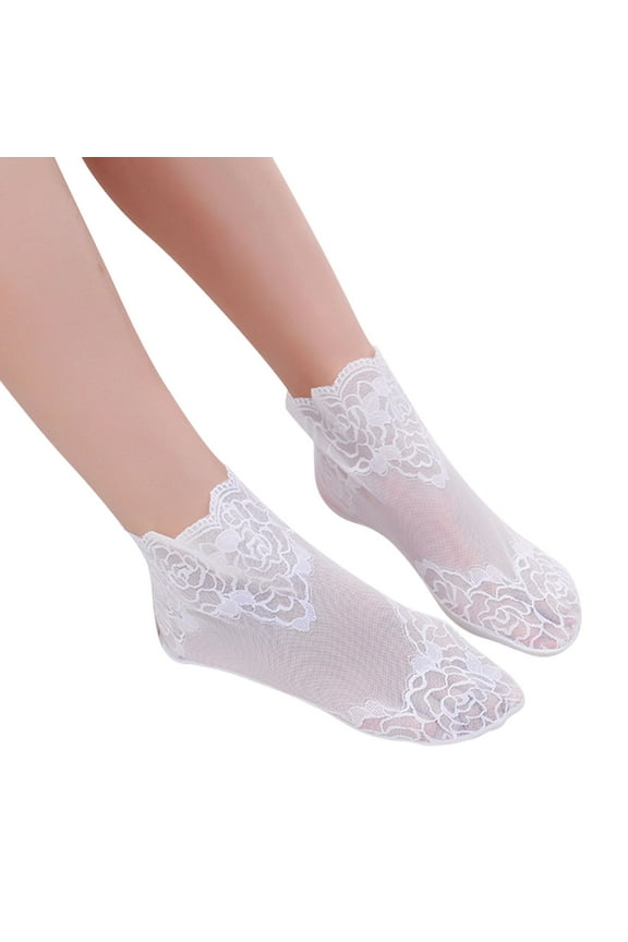 Women Lace Ankle Socks LSQii Ruffle Frilly Dress Net Short Stockings Casual Cute Thin Floral Mesh Bootie Crew Sock Everyday Wear Fashion Size 5-9 White