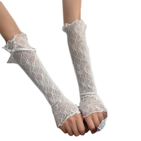 Women Lace Arm Warmer Fingerless Lace Gloves UV Stretchy Arm Sleeves Elbow Length 12in Black White