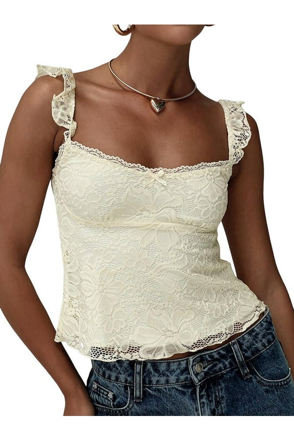 Women Lace Babydoll Tank Top Cap Sleeve See Throught Y2k Summer Going Out Crop Tops S