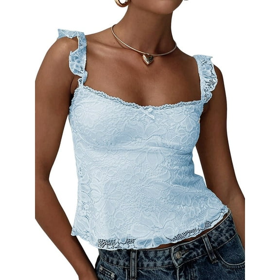 Women Lace Babydoll Tank Top Cap Sleeve See Throught Y2k Summer Going Out Crop Tops Light Blue M