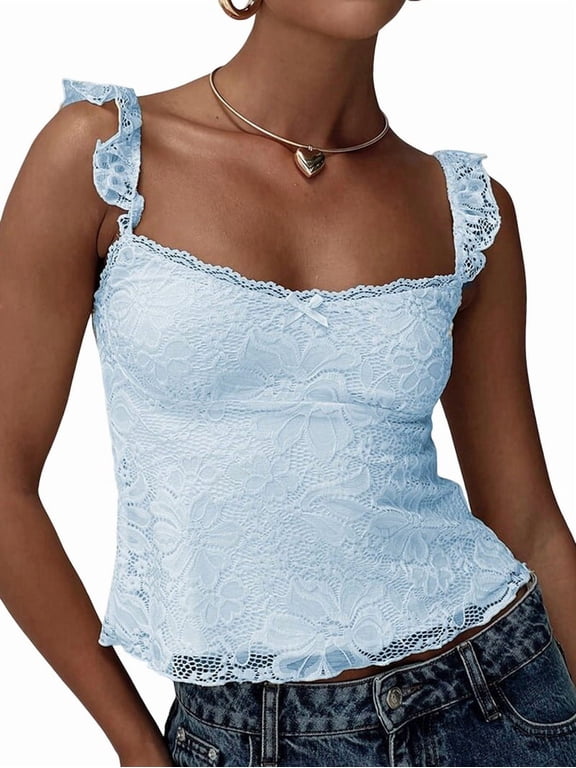 Women Lace Babydoll Tank Top Cap Sleeve See Throught Y2k Summer Going Out Crop Tops Light Blue S