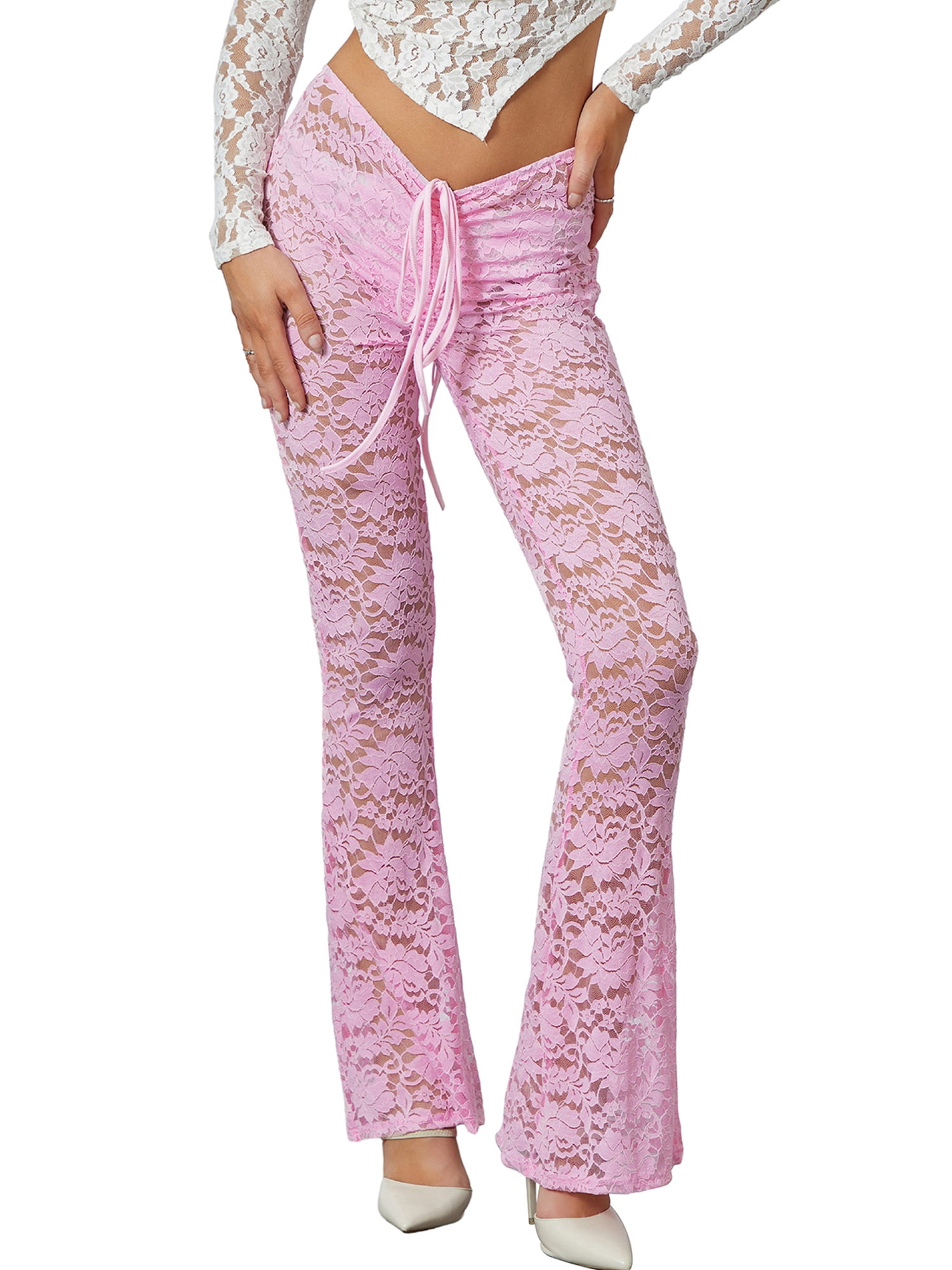 Women's Lace Pants Floral Sheer Mesh Flare Leggings Drawstring High Waist  Trousers Streetwear