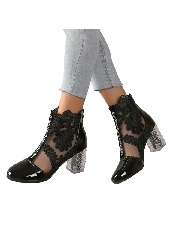 Women Lace Block Heels Embroidery Flower Closed Toe Square Heel Pumps Dressy Leather Booties Sandals Back Zipper Party Shoes Black 9