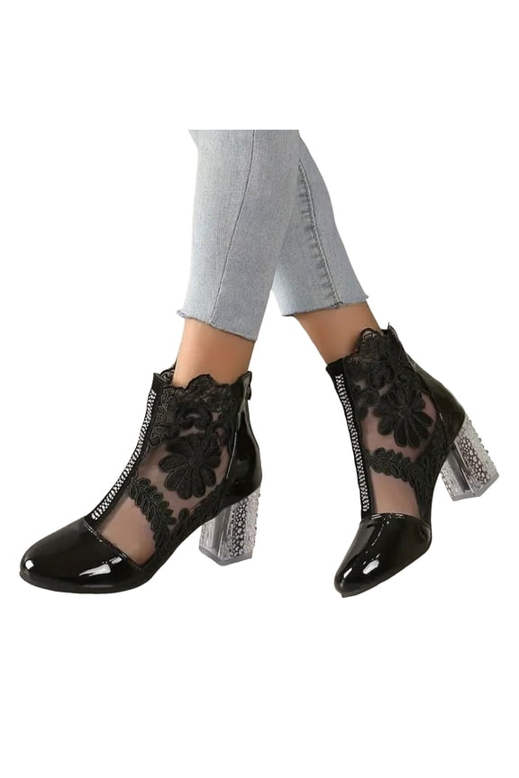 Women Lace Block Heels Embroidery Flower Closed Toe Square Heel Pumps Dressy Leather Booties Sandals Back Zipper Party Shoes Black 9