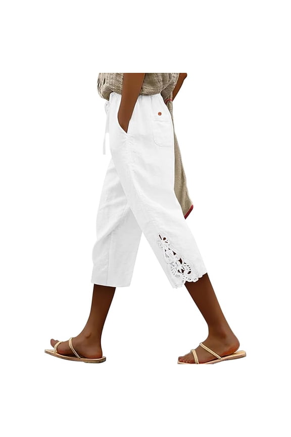 Women Lace Capri Pants 2026 Casual Lightweight Drawstring Elastic Waist Summer Beach Trousers with Pockets