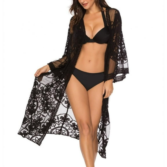Women Lace Cardigan Floral Crochet Transparent Beach Bikini Blouse Long Kimono Pareo Swimwear Cover Ups