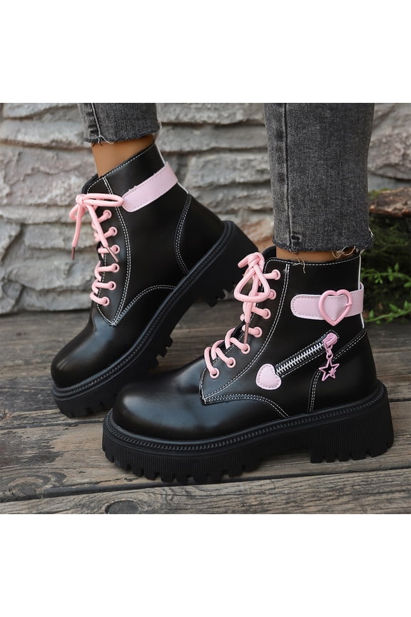 Women Lace Up Chunky Platform Combat Ankle Boots, Matte Textured Fabric, Thick Cloud Cushion Insole, Oversized Lug Anti Slip Outsole, Cute Ribbon Lace Detail for Campus Street Daily,Black 5.5