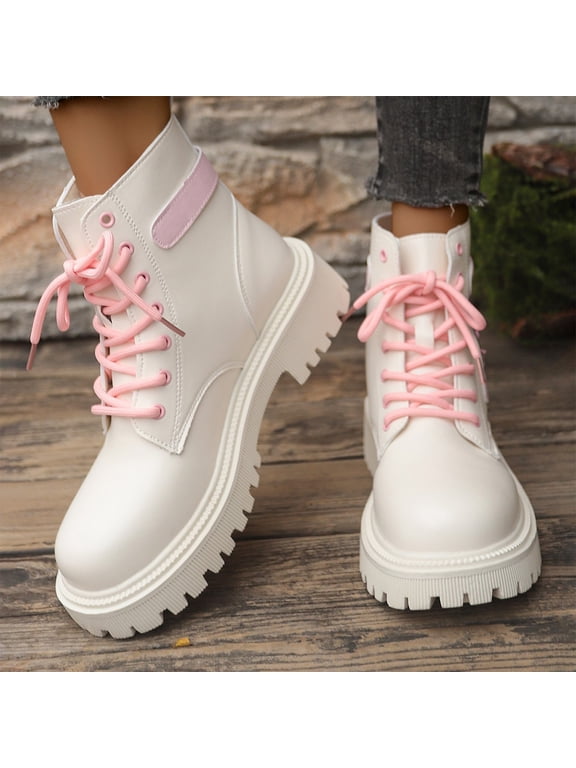 Women Lace Up Chunky Platform Combat Ankle Boots, Matte Textured Fabric, Thick Cloud Cushion Insole, Oversized Lug Anti Slip Outsole, Cute Ribbon Lace Detail for Campus Street Daily,White 6