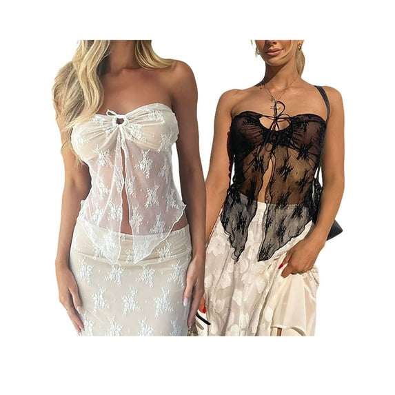 Women Lace Corset Tank Top Y2k See Through Mesh Tube Top Sexy Strapless Cami Lingerie Bustier Sleeveless Going Out Tops