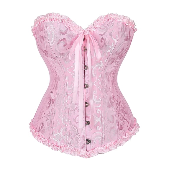 Women Lace Up Corset Tops, Lace Bustier Corset Lingerie top, Sexy Satin Overbust Corset Lingerie, Renaissance Overbust Corset Push Up Bodysuit, Pink S