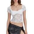 thumbnail image 1 of Women Lace Crop Tops Short Sleeve Pleated Tshirts See-through Slim Fit Blouse Summer Casual Tops Clubwear, 1 of 8