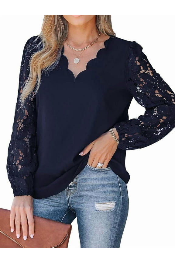 Women Lace Elegant Blouse Long Sleeve Eyelet V Neck Dressy Party Floral Tops Scalloped V Neck Navy Blue M