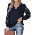 thumbnail image 1 of Women Lace Elegant Blouse Long Sleeve Eyelet V Neck Dressy Party Floral Tops Scalloped V Neck Navy Blue XXL, 1 of 9