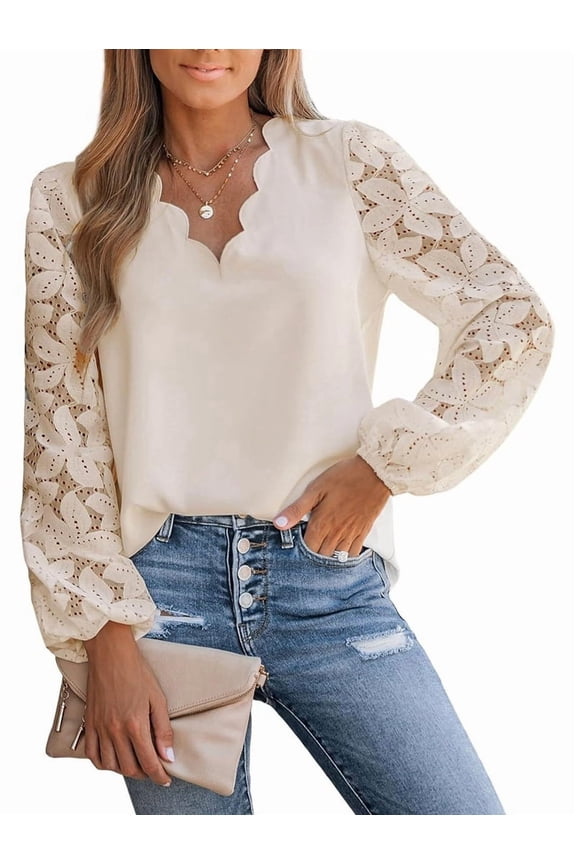 Women Lace Elegant Blouse Long Sleeve Eyelet V Neck Dressy Party Floral Tops Scalloped V Neck XL