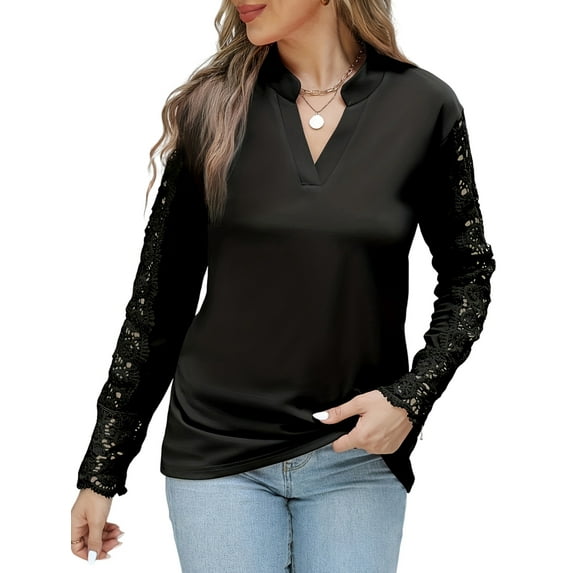 Women Lace Elegant V Neck Blouse Long Sleeve Eyelet Dressy Party Floral Tops Black XL