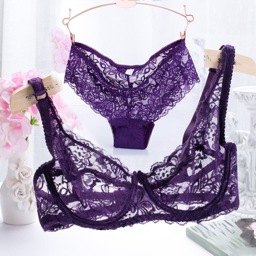 Women Lace Embroidery Underwear 3/4 cup thin Transparent Bra Panty Set 