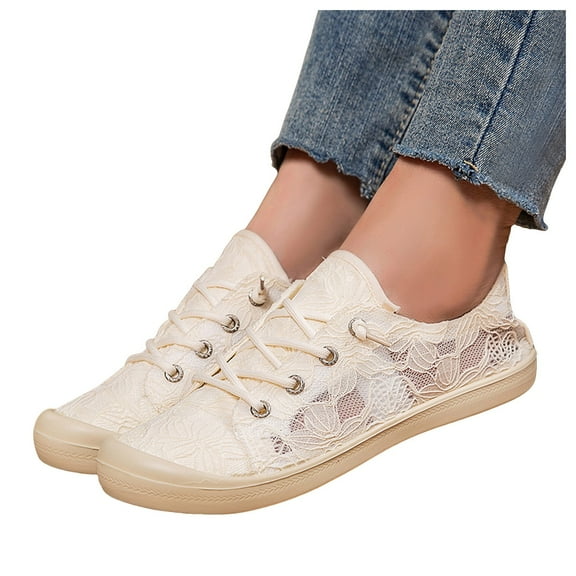 Women Lace Fashion Sneakers White Breathable Casual Lace up Wide Width Zero Drop Canvas Walking Tennis Shoes