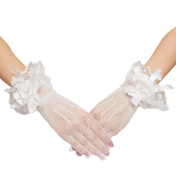 Women Lace Fishnet Gloves Wrist Short Elegant Bowknot Courtesy Gloves Driver Summer Sun UV Protection Mittens for Wedding Party White