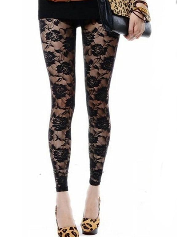 Women Lace Floral Pattern See Through Footless Leggings Women High Waist Tights Long Leggings