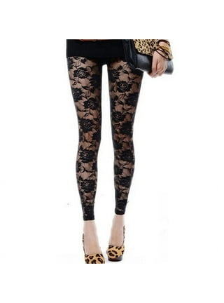 Lace Embroidery Womens Leggings Tights, Black Sexy Transparent