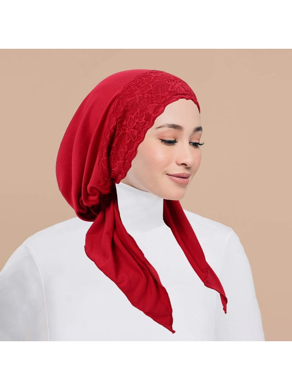 Women Lace Flower Soft Long Tails Hat Hair Headband Turban Stretch Elastic Cap