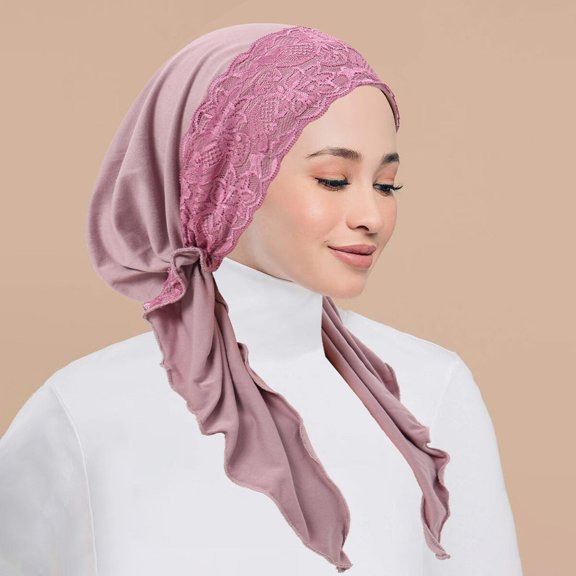 Women Lace Flower Soft Long Tails Hat Hair Headband Turban Stretch Elastic Cap