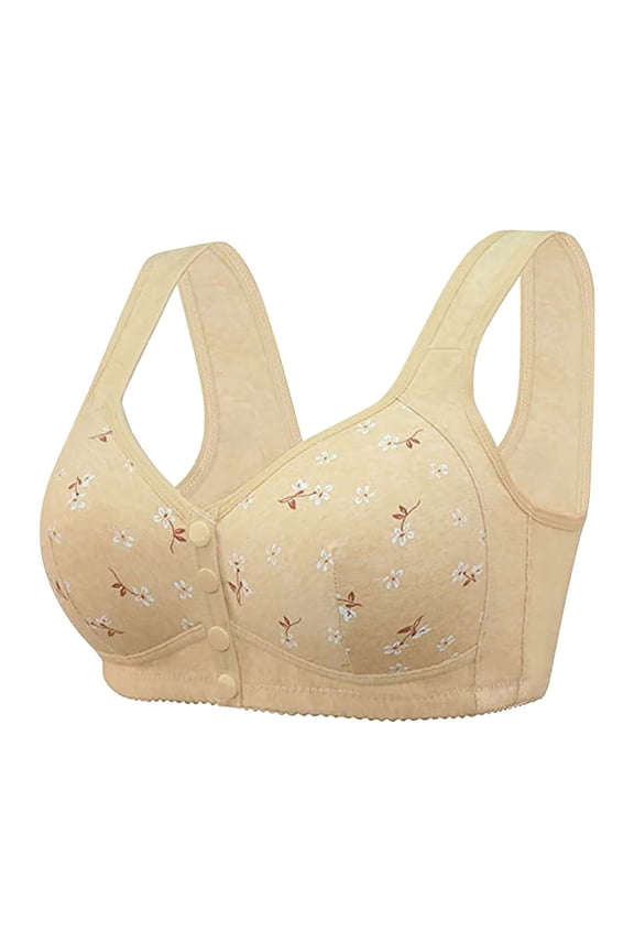 Women Lace Front Button Shaping Cup Adjustable Shoulder Strap Large Size Underwire Bra Beige 56