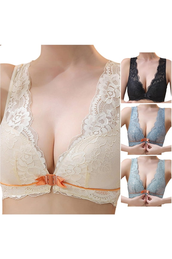 Women Lace Front Button Shaping Cup Adjustable Shoulder Strap Large Size Underwire Bra Tan Bra M