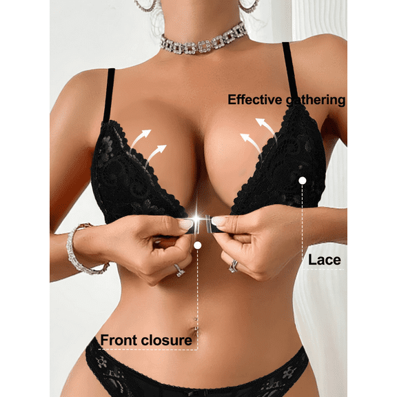 Women Lace Front-Clasp Wireless Bra Comfortable No-Pad Romantic Lace Bralette Bra