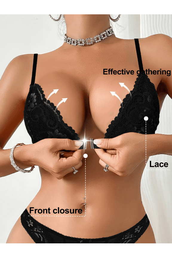 Women Lace Front-Clasp Wireless Bra Comfortable No-Pad Romantic Lace Bralette Bra