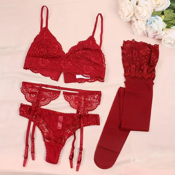 Women Lace Garter Belt Sexy Bra Garter Belt Panties Socks Suspender Belt Set
