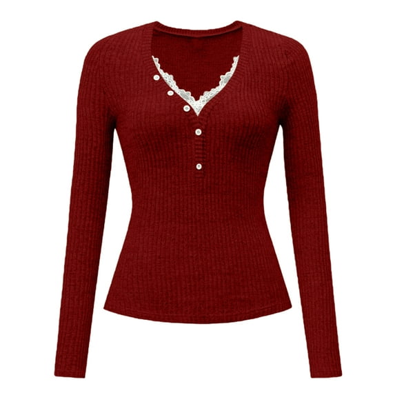 Women Lace Henley T Shirts Button Down Slim Fit Tops Long Sleeve V-Neck Tunic Top Blouse Wine Red L