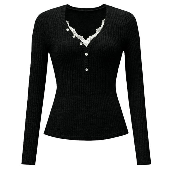 Women Lace Henley T Shirts Button Down Slim Fit Tops Long Sleeve V-Neck Tunic Top Blouse