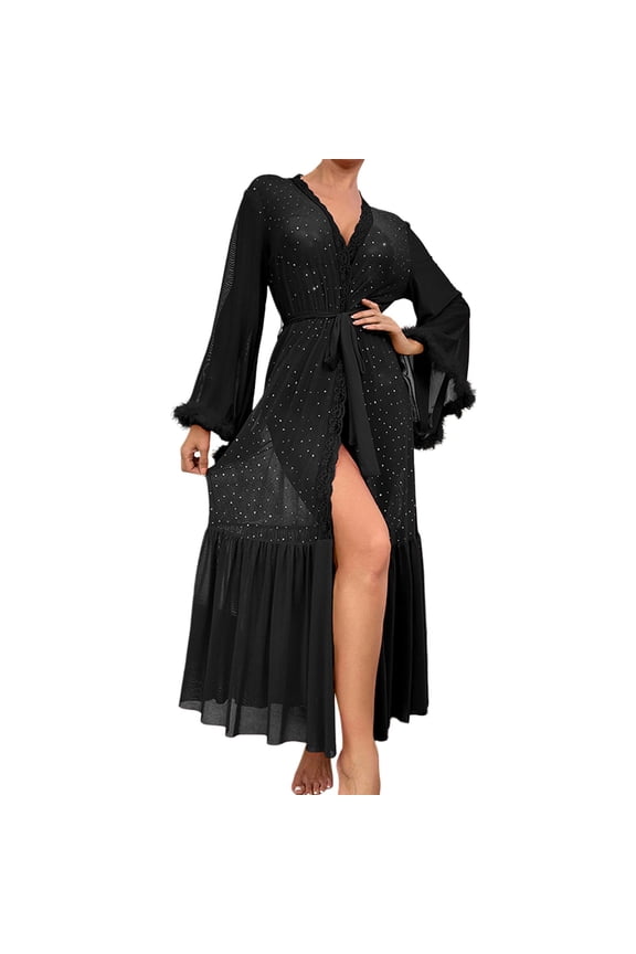 Women Lace Kimono Robe Sexy Lingerie Mesh Chemise Nightgown Cover Up