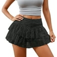 thumbnail image 1 of Women Lace Layered Mini Skirt Y2k Ruched Aline Ruffle Flowy Mesh Short Skirt Black XS, 1 of 4