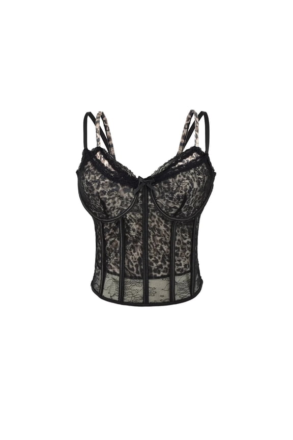 Women Lace Leopard Print Corset Camisole Top with Built-In Padding Sleeveless Tank