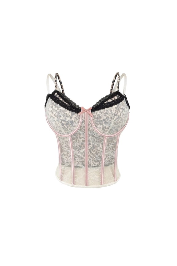 Women Lace Leopard Print Corset Camisole Top with Built-In Padding Sleeveless Tank