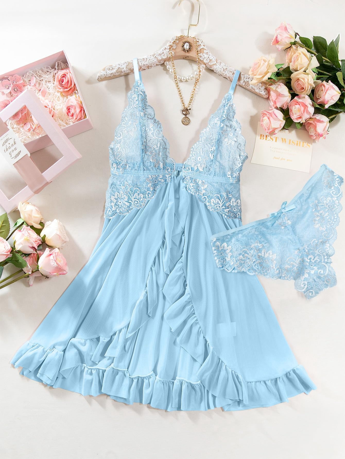 blue babydoll lingerie dress Women Lace Front Closure V Neck Nightwear Sexy Chemise Nightie Lace Wireless Lingerie with Thong 2 Piece Size:UK 6-8