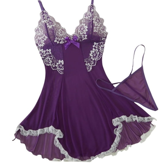 Women Lace Lingerie, Sexy Bow Mesh Sheer Babydoll V - Neck Mini Chemises Negligees with G - String