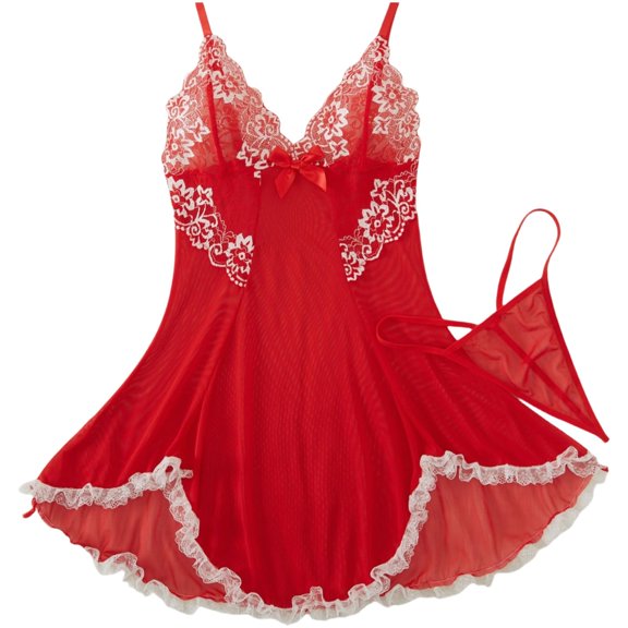 Women Lace Lingerie, Sexy Bow Mesh Sheer Babydoll V - Neck Mini Chemises Negligees with G - String