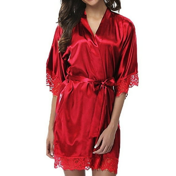 Women Lace Lingerie Sleepwear Robe Nightie Gown Bathrobe Kimono Satin Robes