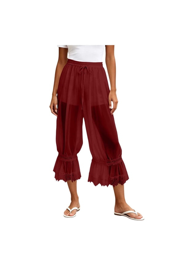 Women Lace Long Bloomers Pettipants Slip Under Dress Pantaloons Cute Ruffle Pumpkin Pants B-Wine XL(XL)